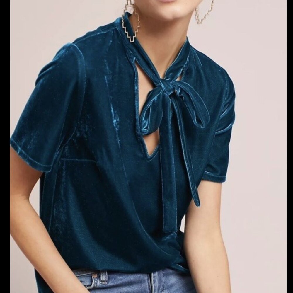 Anthropologie Sunday in Brooklyn Velvet Tie Top Short Sleeve Teal Blue Size S